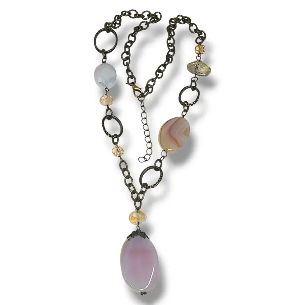 Rose Quartz & Crystal Y-drop Necklace Antique Gold Tone 22